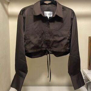 Brown satin crop button down crop top